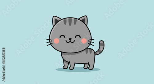 Cheerful gray cartoon kitten with pink cheeks stands on a light blue background smiling with closed eyes and a tiny mouth expressing warm friendly charm.