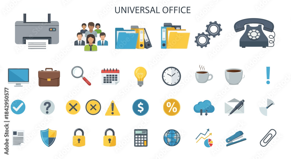 Obraz premium Collection of universal flat design office icons representing business tasks communication technology and administration needs on transparent background