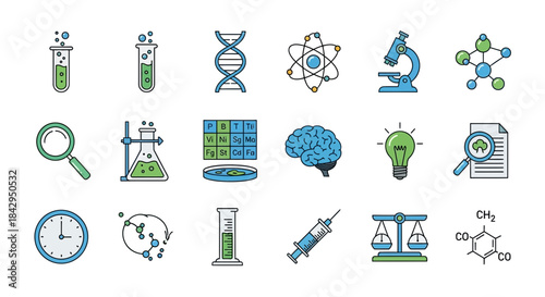 Collection of flat design science and laboratory icons representing research discovery and medical innovation on transparent background