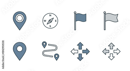 Collection of navigation and location icons featuring map pins compass flags and directional arrows on transparent background