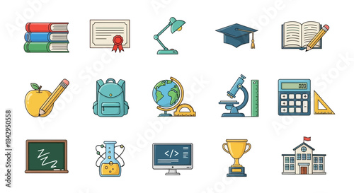 Collection of educational icons representing learning tools knowledge achievement and academic subjects for school on transparent background