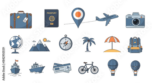 Collection of flat design travel and vacation icons representing global journey planning and transportation methods on transparent background