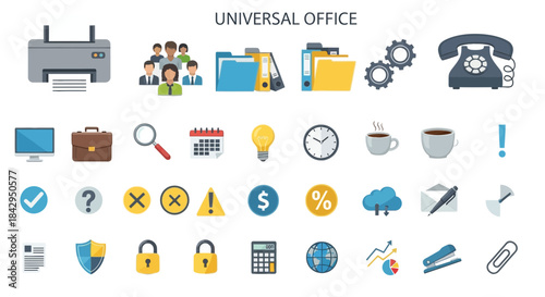 Collection of universal flat design office icons representing business tasks communication technology and administration needs on transparent background