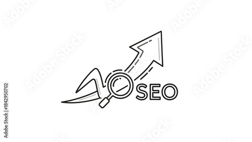 Line art icon representing search engine optimization growth with a magnifying glass and upward trending arrow on transparent background