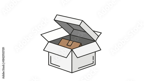 Open cardboard shipping box revealing a smaller package inside against a solid graphic on transparent background