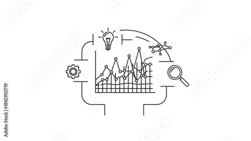 Abstract line art icon representing data analysis process involving research insight development and technical optimization on transparent background