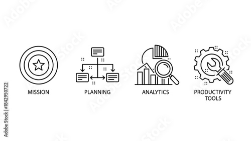 Outline icons representing key business stages including mission planning analytics and essential production tools on transparent background