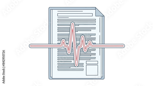 Document analysis with a prominent red heartbeat waveform overlay symbolizing vital data monitoring and review on transparent background