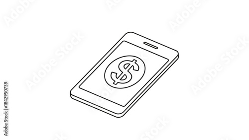 Isometric line art icon depicting a smartphone displaying a dollar sign for mobile banking and digital finance transactions on transparent background