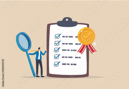 Standard, quality control or certified approval, corporate policy or compliance, guarantee checklist document, assurance concept, businessman hold magnifying glass with standard QC badge document