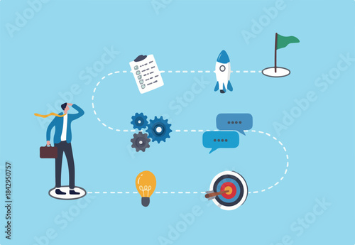 Winning plan to success, strategy step to reach success, career journey, project management or idea development, challenge, flowchart to succeed concept, businessman walk on winning plan journey.