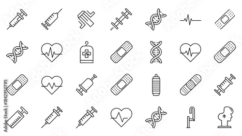 Subtle outline icons of medical supplies like syringes bandages and heart rate monitor on black on transparent background
