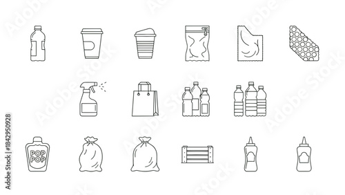 Collection of outline icons representing various recyclable plastic waste items for environmental concepts on transparent background