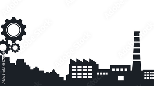 Industrial machinery and factory silhouette against a dark background symbolizing manufacturing and production processes on transparent background