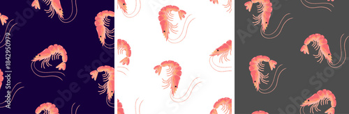 set of three seamless patterns with shrimp marine life repeat background tile collection seafood texture print design for restaurant menu packaging fabric
