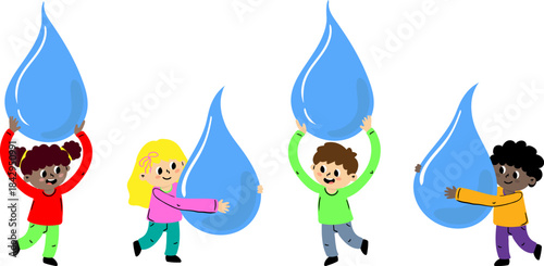 cute cartoon children holding big blue water drops illustration set kids promoting world water day eco conservation awareness isolated elements vector