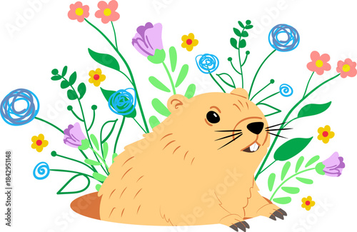 happy groundhog or woodchuck peeking out from hole celebrating spring seasonal holiday cartoon vector illustration animal surrounded by field flowers
