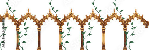 Gothic arches, ornate columns, vine decoration, architectural illustration, golden brown, fantasy design, vector clipart, elegant structure, floral detail, historic