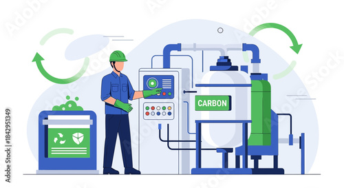 Illustration depicting carbon capture and recycling processes in an industrial plant environment