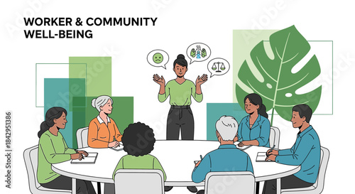 Illustration depicting worker and community well-being meeting discussion forum for resolutions