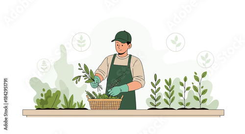 Illustration of a young man harvesting fresh herbs in a garden setting indoors