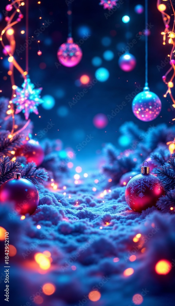 Fototapeta premium Vibrant winter wonderland with colorful ornaments and snowy pines
