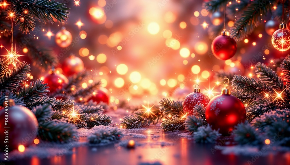 Fototapeta premium Festive Christmas scene with sparkling lights and red ornaments