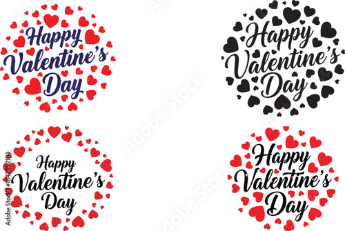 Four valentine s day graphic designs incorporating hearts and text in both red and black color schemes are shown