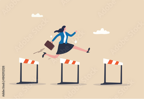 Overcome obstacle or challenge, success journey or aspirations, determination, progress or effort to overcome difficulty concept, confidence businesswoman entrepreneur jumping over series of hurdles