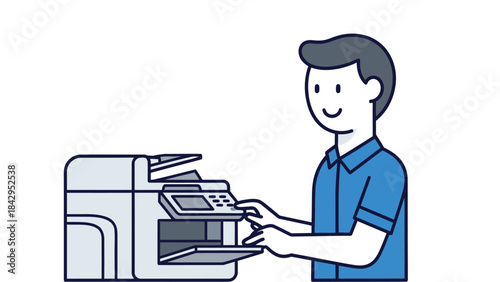A man is operating a printer a common office device for document reproduction