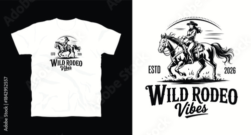 Wild rodeo vibes t-shirt design with a cowgirl riding horse, perfect for western enthusiasts and country music lovers