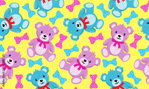 seamless pattern with pink and blue bears polka dot bows bright yellow background gender reveal party theme textile print