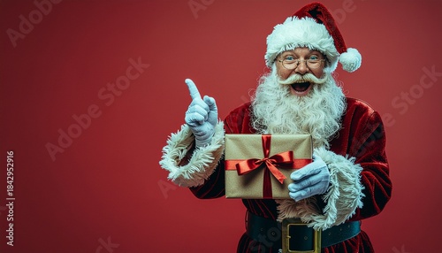 Santa Claus holding a gift in his hand with his other hand pointing to the side at a blank red background
