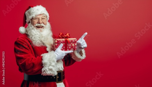 Santa Claus holding a gift in his hand with his other hand pointing to the side at a blank red background
