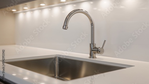Empty kitchen sink with modern faucet and illuminated backsplash. Kitchen and plumbing, concept. Home and interior design. The concept of modern kitchen fixtures and utilities.