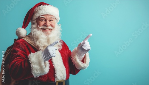 Święty Mikołaj z workiem na plecach wskazuje palcem w bok na puste niebieskie tło