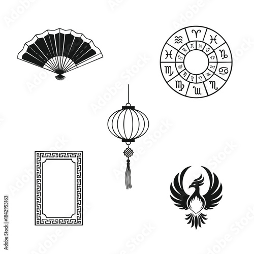 A set of four black and white icons including a fan, zodiac wheel, lantern, and ornate frame with a phoenix, all presented in a simple line art style on a white background. Perfect for