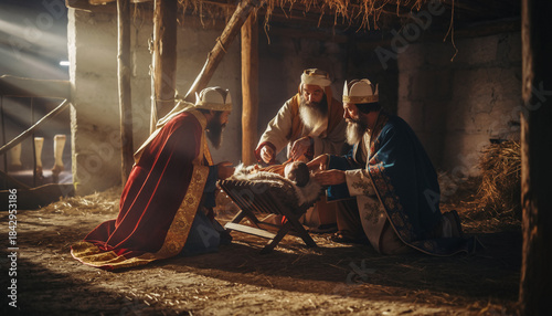 Trzej Królowie oddają pokłon dzieciątku Jezus leżącemu w żłobie składając mu dary