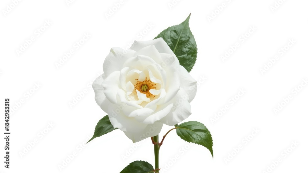 Obraz premium White flower with green leaves and a yellow center.