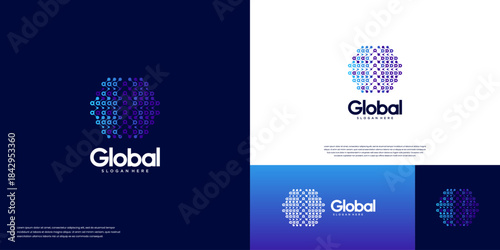 global technology logo with interconnected molecular shapes, symbolizing extensive connections, digital services, vector graphic template.