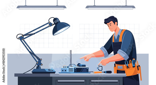 Illustration showcasing a technician repairing electronic equipment with precision in a laboratory