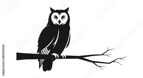 Mysterious Black Owl Perched on a Bare Branch Silhouette Against White Background Graphic Illustration