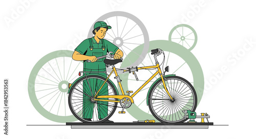Illustrative bicycle mechanic adjusting a vintage bike with oversized wheel accents in background