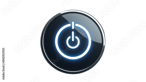 Glowing blue power button icon rendered in 3d with a metallic bezel on a solid for digital interface design