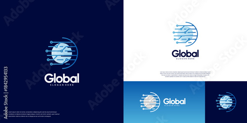 global technology abstract logo, network circuit, digital system, graphic design template.