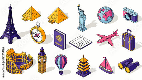 Collection of isometric travel icons representing famous landmarks and travel essentials for global adventures.