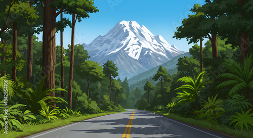Road leading to snow capped mountain through lush forest