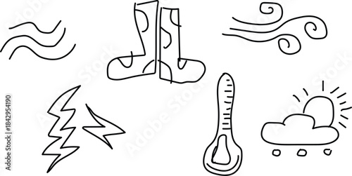 Rain doddle set, umbrella and rain icon,wind,Hand  drawn, background design for rain theme, imperfect human raw effect design.