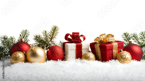 Christmas decoration with shiny baubles, pinecone branches, and gift boxes arrange horizontally on white snow, isolated on transparent background