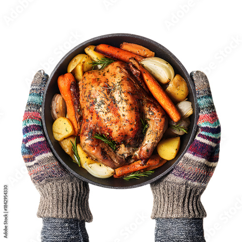 Top view hands wearing winter glove mittens holding baked chicken with vegetables isolated on transparent background